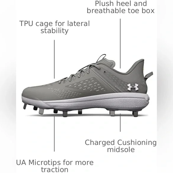 NEW Under Armour Men Yard Low MT Charged Baseball Cleats Gray W Metal Spikes 14 - Picture 3 of 11